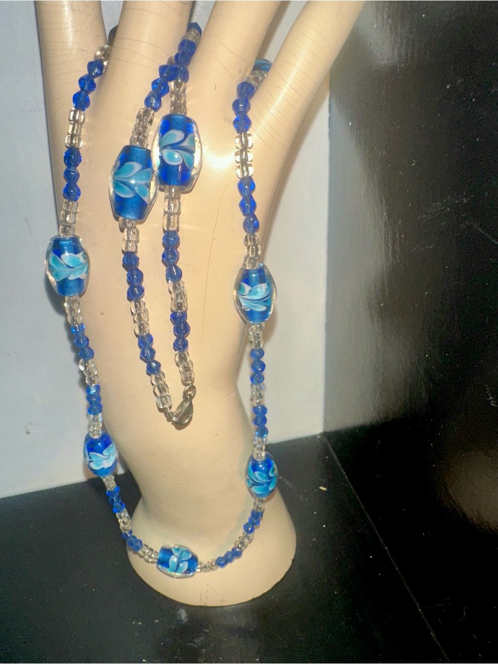 .925 Sterling Silver Lampwork Glass Bead Necklace Murano Style floral blue